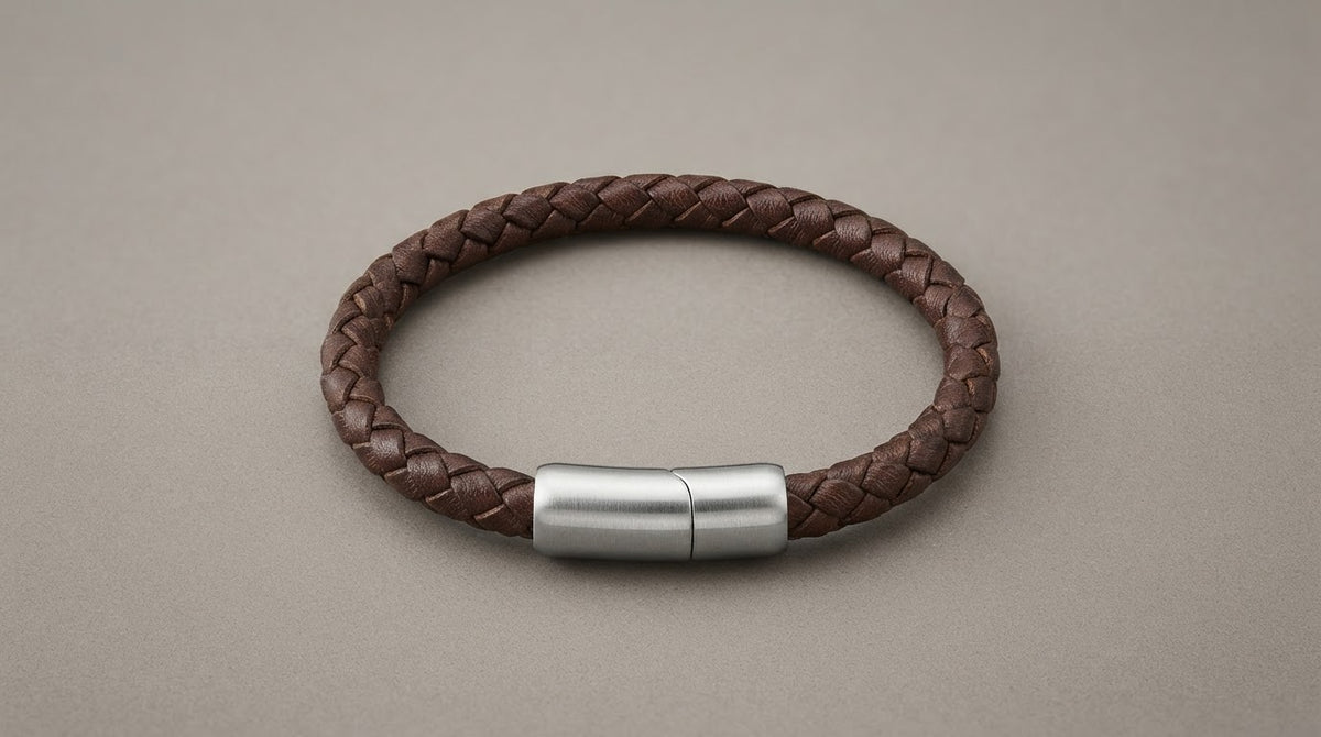 Braided brown leather bracelet with steel clasp on a warm grey background