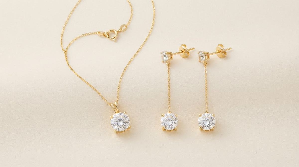 Gold pendant necklace and matching drop earrings gift set